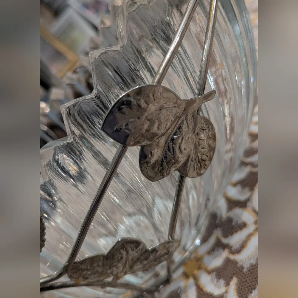 RARE English Silverplated  Leaves Basket w/ HEAVY Hand Cut Glass Bowl 30s/40s